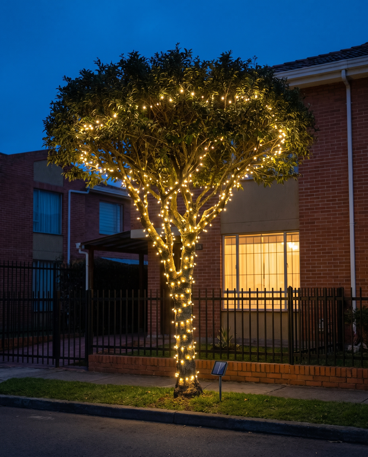Árbol del antejardín envuelto con luces solares ALUMBRA