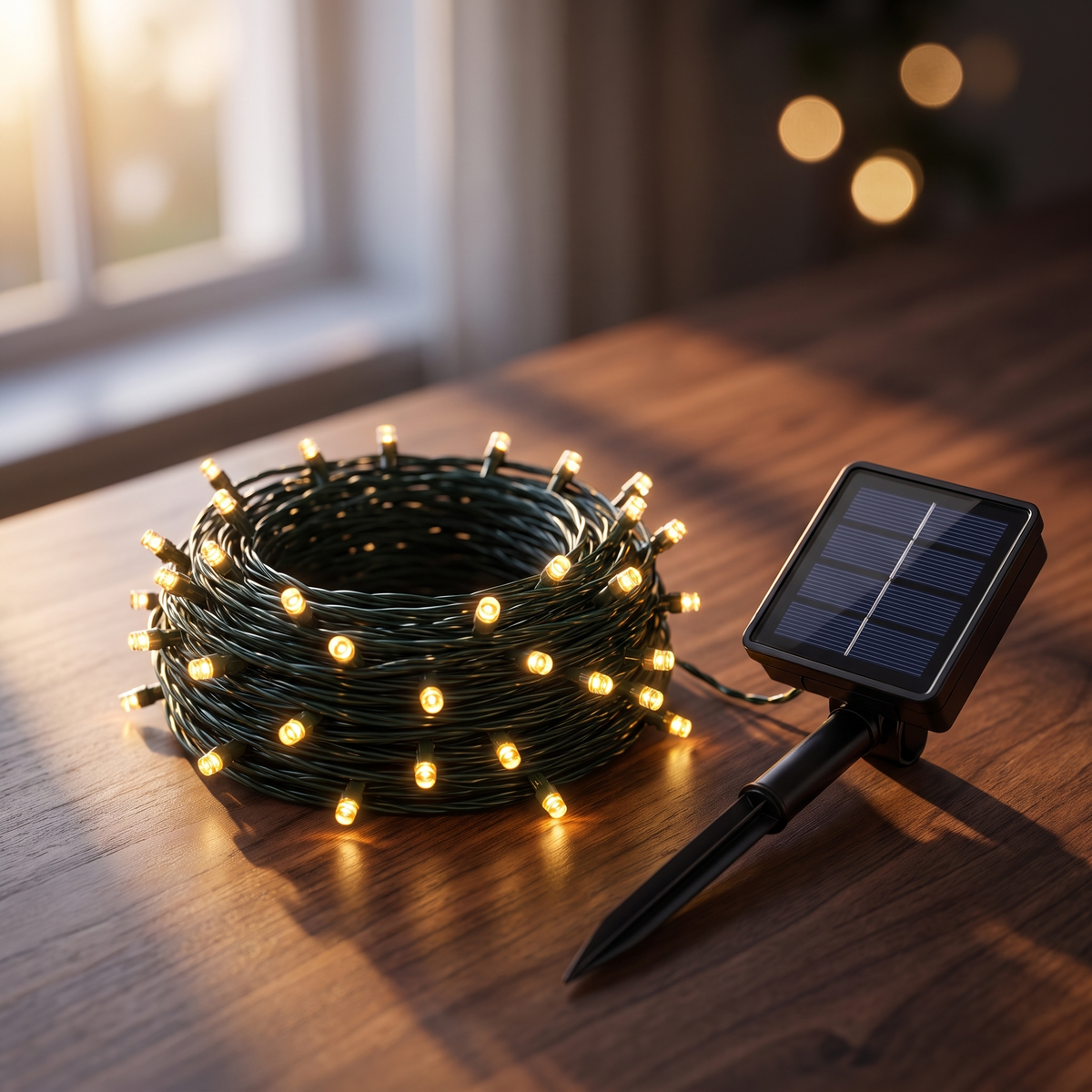 Rollo de luces solares ALUMBRA con su panel solar y estaca