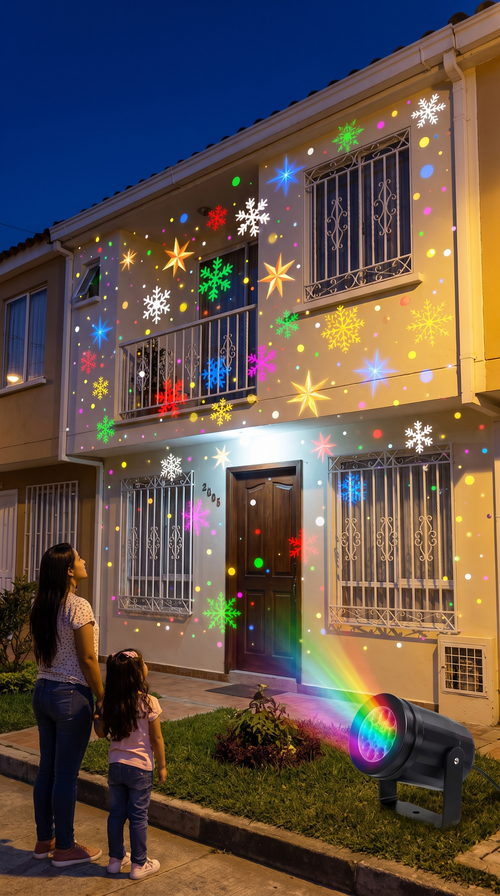 Fachada de casa llena de estrellas y copos de colores proyectados por Cielo Navideño